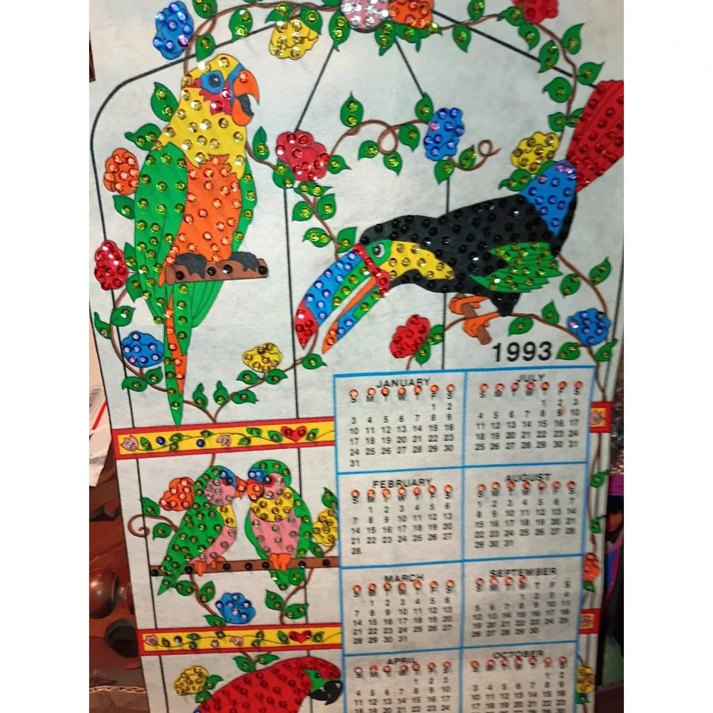 Vintage Felt Jeweled 1993 Calendar Parrots Multicolor 25